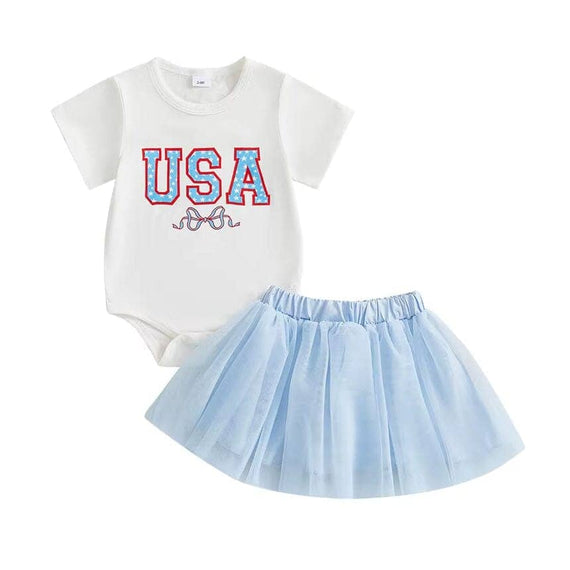 Short Sleeve USA Blue Skirt Baby Set