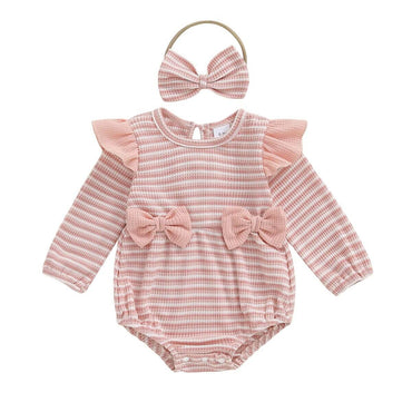 Long Sleeve Striped Bows Baby Romper