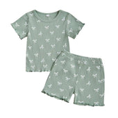 Short Sleeve Ribbed Bows Toddler Set Green 9-12 M
