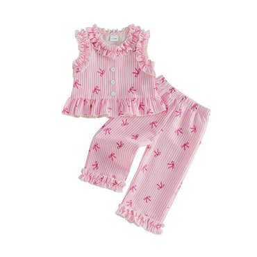 Sleeveless Bow Stripes Ruffled Pants Toddler Set Sets The Trendy Toddlers Pink 9-12 M 
