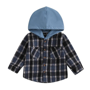 Long Sleeve Plaid Hooded Baby Shirt Blue 3-6 M 