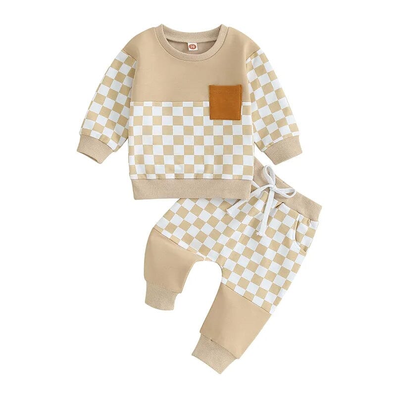 Color Block Checkered Pocket Baby Set Beige 3-6 M 