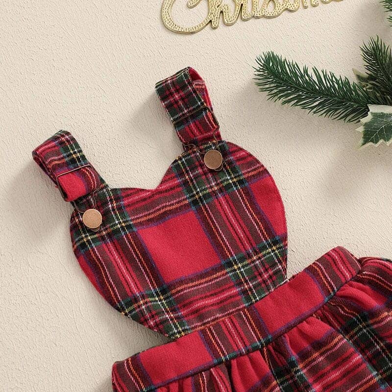 Little Girl Long Sleeve Plaid Skirt Christmas 2-Piece Outfit Set