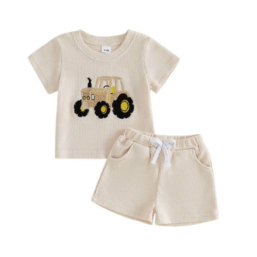 Short Sleeve Tractor Waffle Toddler Set Beige 9-12 M