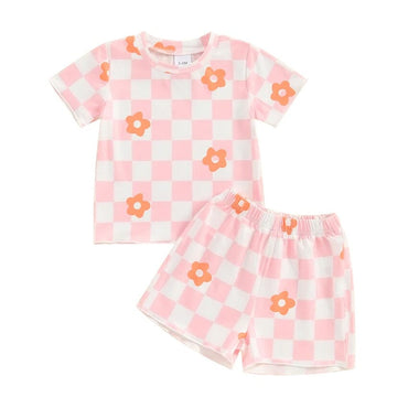 Short Sleeve Floral Checkered Toddler Set   