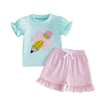 Puff Sleeve Back To School Toddler Set Sets The Trendy Toddlers Blue 12-18 M 