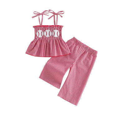 Tie Shoulder Checkered Baseball Toddler Set
