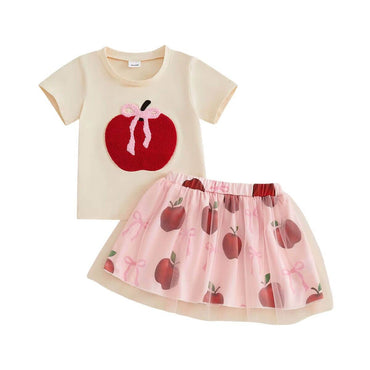 Short Sleeve Bow Apple Tulle Skirt Toddler Set Sets The Trendy Toddlers 