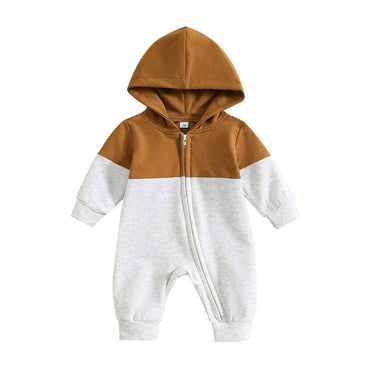 Long Sleeve Zipper Hooded Baby Jumpsuit Brown 0-3 M