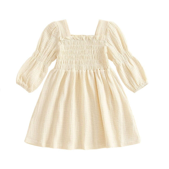 Bubble Sleeve Solid Smocked Toddler Dress Beige 12-18 M