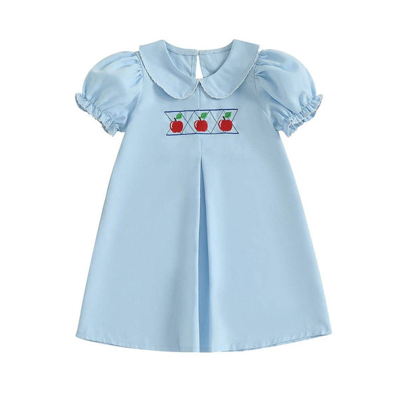 Puff Sleeve Blue Collar Apple Toddler Dress