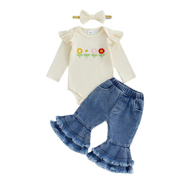 Long Sleeve Floral Denim Flared Pants Baby Set Beige 0-3 M