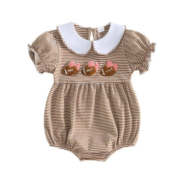 Puff Sleeve Football Collar Striped Baby Romper Rompers The Trendy Toddlers 