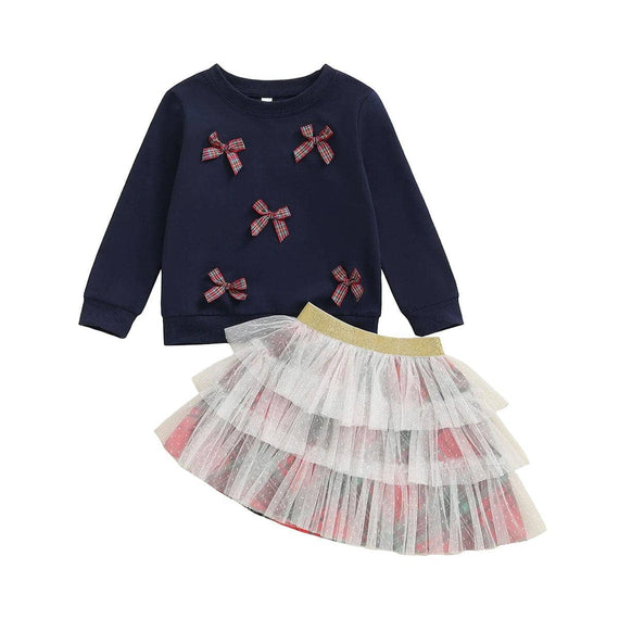 Long Sleeve Plaid Bows Skirt Toddler Set