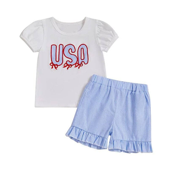 Puff Sleeve USA Ruffled Shorts Baby Set