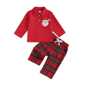 Long Sleeve Collar Plaid Pants Toddler Set