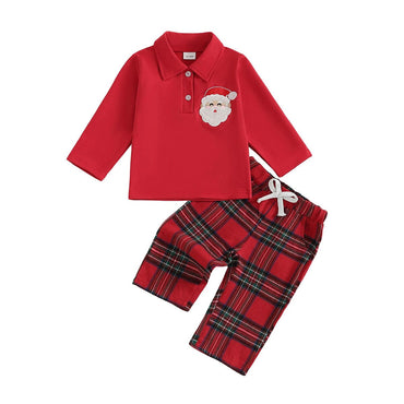 Long Sleeve Collar Plaid Pants Toddler Set
