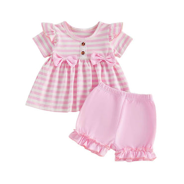 Short Sleeve Striped Bows Toddler Set Pink 9-12 M