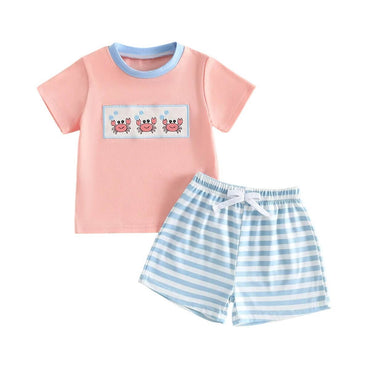Short Sleeve Crab Striped Shorts Toddler Set