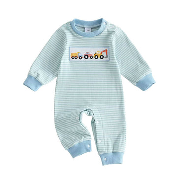 Construction Vehicle Striped Baby Jumpsuit Jumpsuit The Trendy Toddlers 