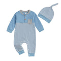 Long Sleeve Striped Waffle Baby Jumpsuit Blue 0-3 M