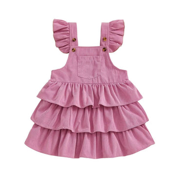 Fly Sleeve Solid Corduroy Ruffled Toddler Dress Pink 9-12 M
