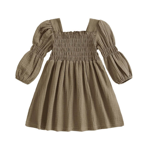 Bubble Sleeve Solid Smocked Toddler Dress Khaki 12-18 M