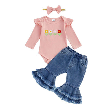 Long Sleeve Floral Denim Flared Pants Baby Set Pink 0-3 M