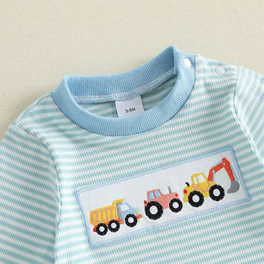 Construction Vehicle Striped Baby Jumpsuit Jumpsuit The Trendy Toddlers 