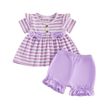Short Sleeve Striped Bows Toddler Set Purple 9-12 M