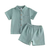 Short Sleeve Solid Linen Baby Set Green 3-6 M