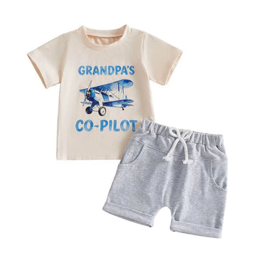 Short Sleeve Grandpa's Co-Pilot Toddler Set Beige 9-12 M