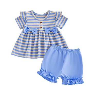 Short Sleeve Striped Bows Toddler Set Blue 9-12 M