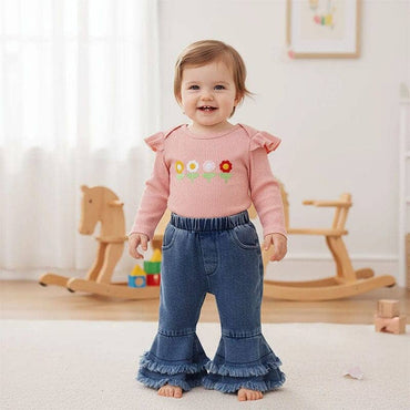 Long Sleeve Floral Denim Flared Pants Baby Set