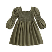 Bubble Sleeve Solid Smocked Toddler Dress Green 12-18 M