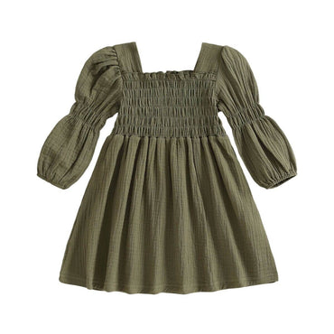 Bubble Sleeve Solid Smocked Toddler Dress Green 12-18 M