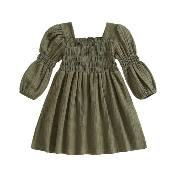 Bubble Sleeve Solid Smocked Toddler Dress Green 12-18 M