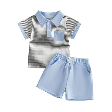 Short Sleeve Striped Collar Toddler Set Blue 12-18 M