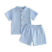 Short Sleeve Solid Linen Baby Set Blue 3-6 M
