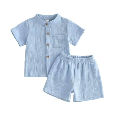 Short Sleeve Solid Linen Baby Set Blue 3-6 M