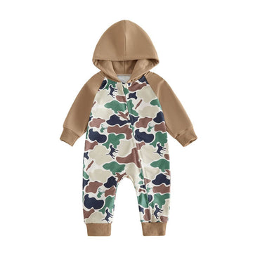 Long Sleeve Hooded Camo Zipped Baby Jumpsuit Khaki 0-3 M