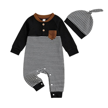 Long Sleeve Striped Waffle Baby Jumpsuit Black 0-3 M