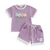Short Sleeve Waffle Flowers Toddler Set Purple 9-12 M
