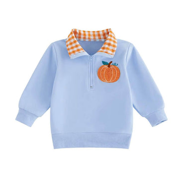 Pumpkin Checkered Collar Toddler Sweatshirt Blue 9-12 M