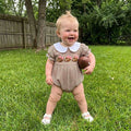 Puff Sleeve Football Collar Striped Baby Romper Rompers The Trendy Toddlers 