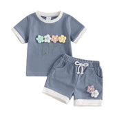 Short Sleeve Waffle Flowers Toddler Set Dark Blue 9-12 M