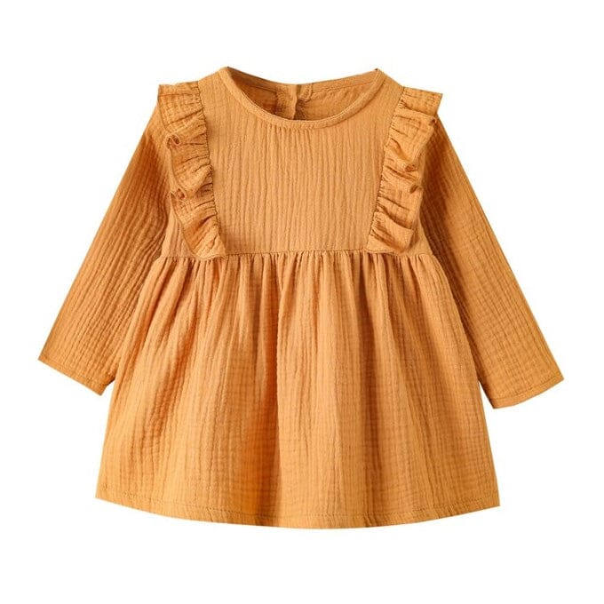 Long Sleeve Solid Ruffled Toddler Dress Dresses The Trendy Toddlers Orange 18-24 M 