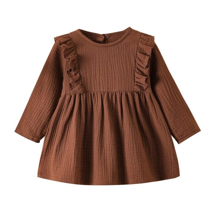 Long Sleeve Solid Ruffled Toddler Dress Dresses The Trendy Toddlers Brown 18-24 M 