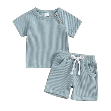 Short Sleeve Solid Ribbed Baby Set Blue 3-6 M 