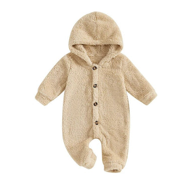 Long Sleeve Fleece Hooded Baby Jumpsuit Beige 0-3 M 